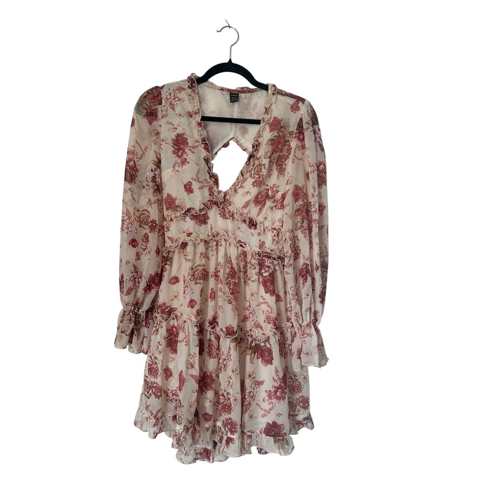 Shein Mauve Pink Floral Tea Dress S Tiered Ruffle Sheer‎ Long Sleeve Back Cutout